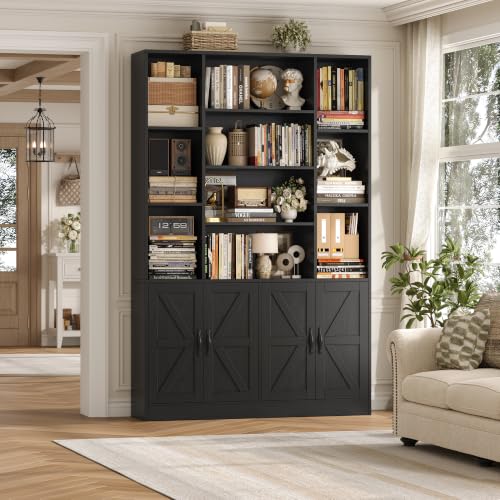 72" Tall Bookshelf, Large Farmhouse Bookcase with Storage, Black, view 3