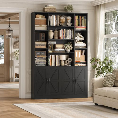 72" Tall Bookshelf, Large Farmhouse Bookcase with Storage, Black, view 3