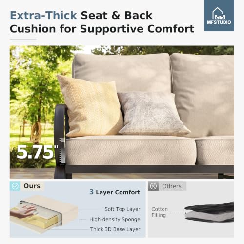 Patio Furniture Sets with 45" Gas Fire Pit Table, 8 Pieces Outdoor Metal Conversation Sets with 1 x 3-Seat Sofa, 2 Single Chairs, 2 Swivel Chairs and 2 Ottomans, Beige Cushion