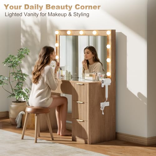 36" Oak Fluted Vanity Desk with Mirror, Adjustable LED & 4 Drawer, view 5