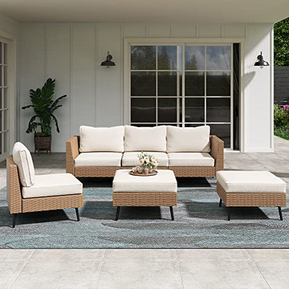Outdoor Patio Furniture, 6 Piece Outdoor Sectional Sofa PE Rattan Wicker Patio Conversation Sets, All Weather Patio Furniture Set with Thick Cushions for Garden, Backyard(Beige)