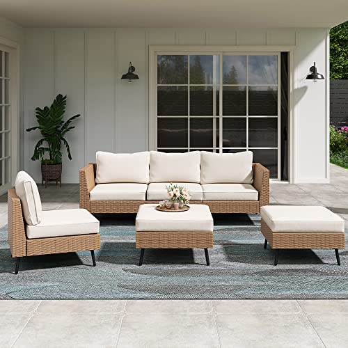 Outdoor Patio Furniture, 6 Piece Outdoor Sectional Sofa PE Rattan Wicker Patio Conversation Sets, All Weather Patio Furniture Set with Thick Cushions for Garden, Backyard(Beige)