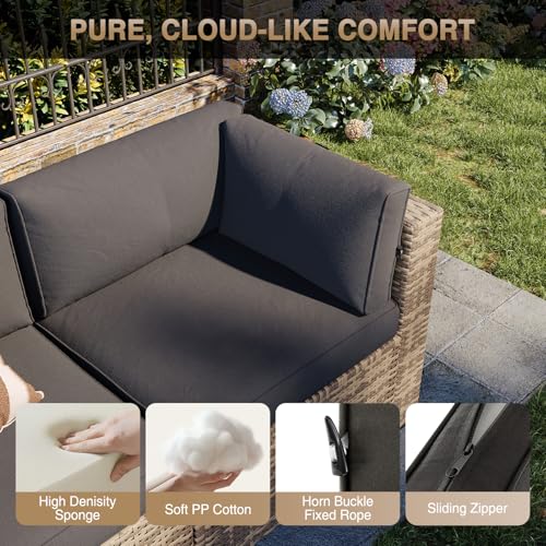Patio Furniture Sets, 8-Piece Outdoor Patio Furniture with 44'' Propane Gas Firepit Table, Wicker Outdoor Conversation Set Sectional Sofa for Backyard, Poolside, Garden (Black Cushion)