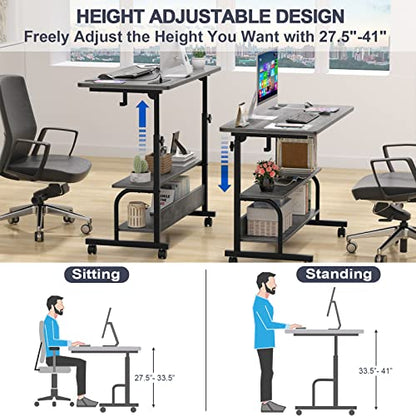 Rolling Standing Desk with Charging Station, Portable Height Adjustable Mobile Computer Desk with Wheels & 2-Tier Shelves & Hooks, Easy Assembly Laptop Table for Couch Bed, 32" Grey Oak
