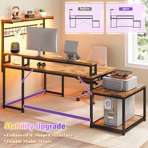 56" L Shaped Desk with Power Outlets & LED Lights for Bedroom,Brown, view 7
