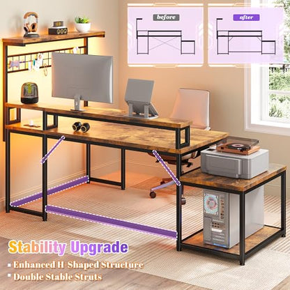 56" L Shaped Desk with Power Outlets & LED Lights for Bedroom,Brown, view 7