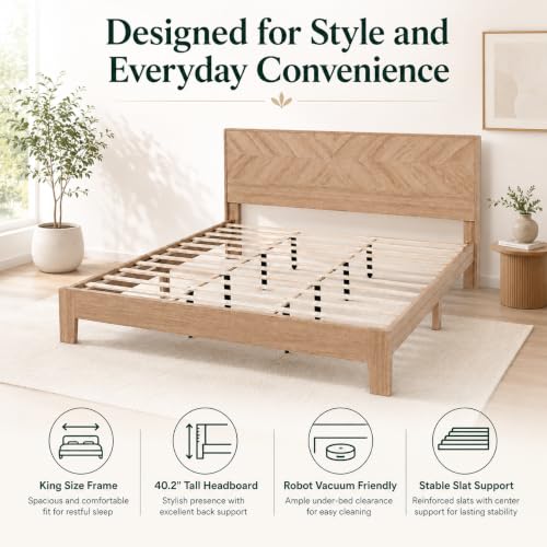 King Size Bed Frame with Headboard, Oak Color Platform Bed, Modern Design, view 6
