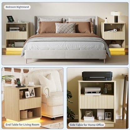 Fluted Nightstand with Charging Station, Wooden Night Stand with LED Light, Modern Mid Century Bedside End Table with Drawer, 20" W x 15.7" D x 24" H, for Bedroom, Light Oak