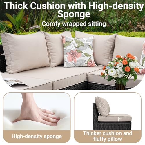 6-Piece Patio Furniture Set, All-Weather Outdoor Wicker Sectional Sofa with Cushions, Glass Table & Left and Right Armrest, Rattan Conversation Seating for Porch, Garden, Backyard,Beige