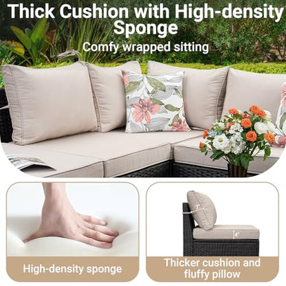 6-Piece Patio Furniture Set, All-Weather Outdoor Wicker Sectional Sofa with Cushions, Glass Table & Left and Right Armrest, Rattan Conversation Seating for Porch, Garden, Backyard,Beige