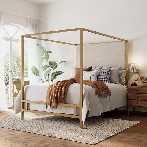 Queen Size Gold Metal Canopy Bed Frame, 76.5" Tall Linen Upholstered Headboard, view 5