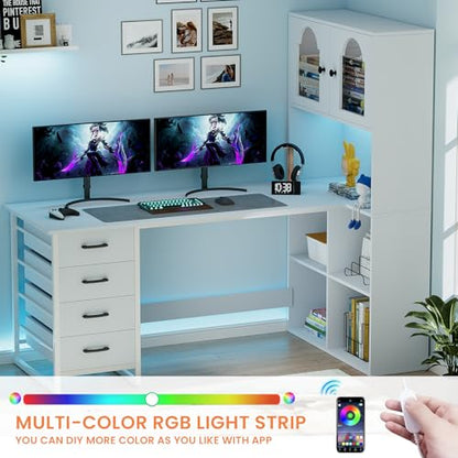 L-shaped Computer Desk with Power Outlets & LED Light, Home Office Desks w 4 Drawers, File Cabinet & Storage Shelves, Executive Desk Gaming Writing Study Table for Home Office, Bedroom, White