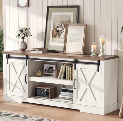 66” TV Stand for 65 Inch TV, Farmhouse Entertainment Center with Storage Cabinets and Adjustable Shelf & Feet, Modern TV Console Table for Living Room or Bedroom, Rustic White & Honey Brown