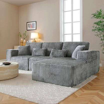 109" Modular L-Shaped Corner Cloud Sofa Corduroy Modular Couches with Deep Seat, 3 Pieces Compressed Boneless Sofa W/Right Chaise Lounge and 4 Pillows for Living Room