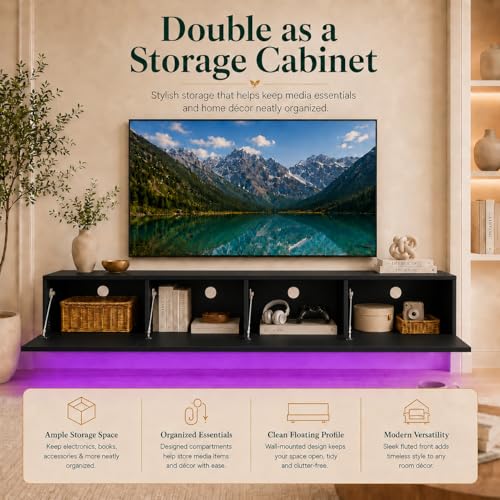 Floating TV Stand 78 Inch Wall Mounted TV Console with Storage Shelves, Modern TV Stand for Living Room Bedroom, Fits 55-90 Inch TV, Wood TV Console Black