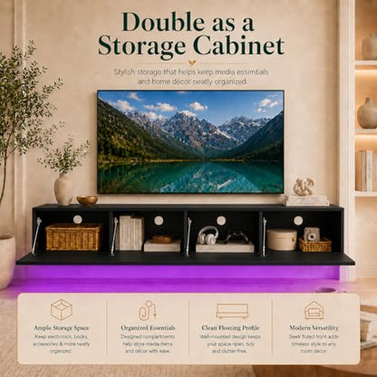 Floating TV Stand 78 Inch Wall Mounted TV Console with Storage Shelves, Modern TV Stand for Living Room Bedroom, Fits 55-90 Inch TV, Wood TV Console Black