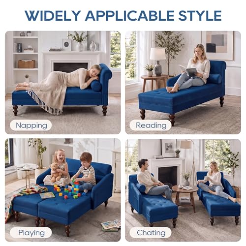 Chaise Lounge Chair Indoor with Right Armrest, Velvet, Blue, view 6