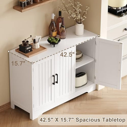 Modern Sideboard Buffet Cabinet, Coffee Bar Storage Cabinet with Doors and Adjustable Shelves, Kitchen Storage Cabinet for Dining Room, Living Room, White