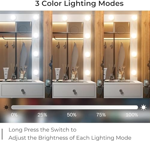 Vanity Desk with Power Outlet, Makeup Vanity with Mirror and 12 LED Lights, 3 Lighting Modes,11 Drawers Vanity Table with Chair, Glass Top, Dressing Table for Bedroom,Dressing Room, White