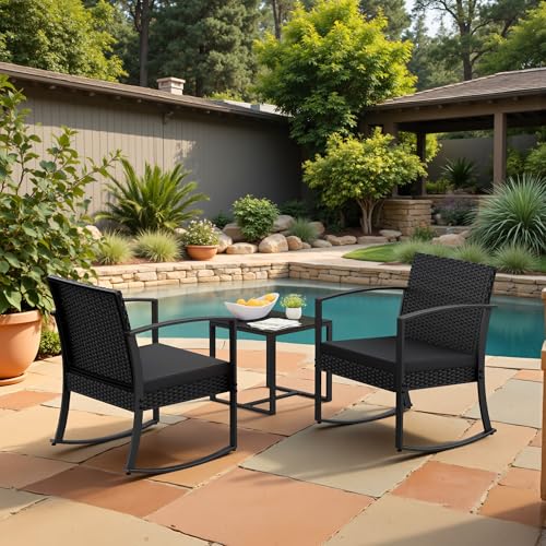 Patio Furniture Set 3 Piece Resin Outdoor Bistro Set Rocking Patio Chairs with Cushions and Table for Porch, Poolside, Balcony and Yard (Black)