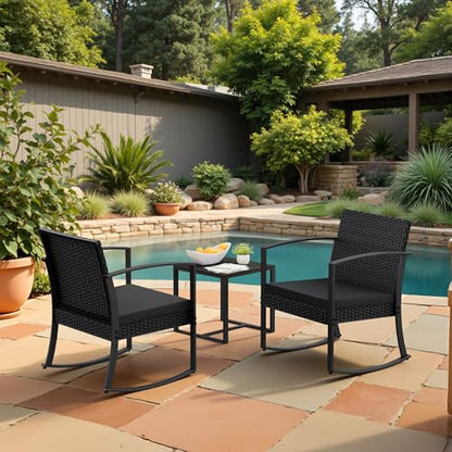 Patio Furniture Set 3 Piece Resin Outdoor Bistro Set Rocking Patio Chairs with Cushions and Table for Porch, Poolside, Balcony and Yard (Black)