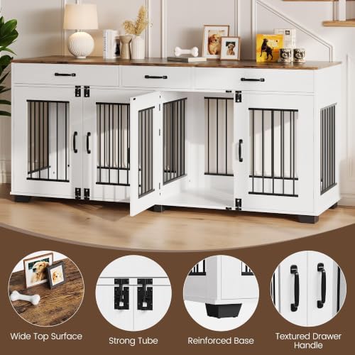 71'' Large Dog Crate for 2 Dogs, Dog Crate with 3 Drawer, White, view 4