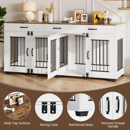71'' Large Dog Crate for 2 Dogs, Dog Crate with 3 Drawer, White, view 4