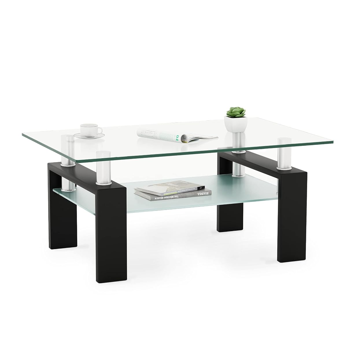 Rectangle Glass Coffee Table, Living Room Table with Black Metal Legs & Tempered Glass, Modern Center Table for Bedroom Small Space