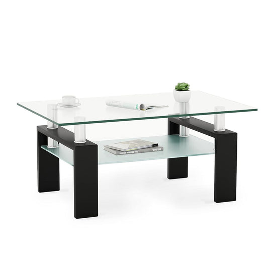 Rectangle Glass Coffee Table, Living Room Table with Black Metal Legs & Tempered Glass, Modern Center Table for Bedroom Small Space