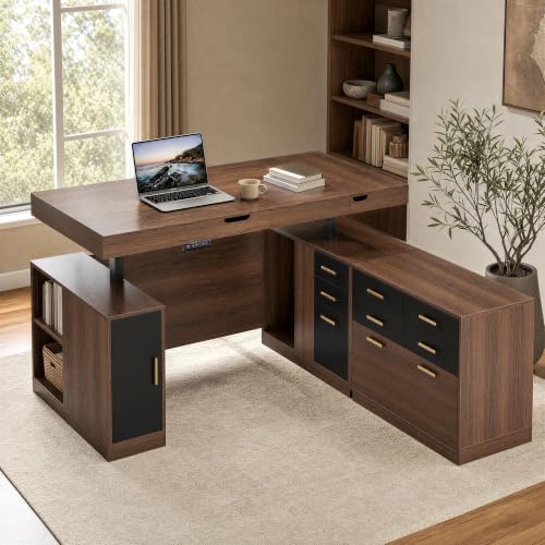 63" L Shaped Executive Standing Desk with 5-Drawer File Cabinet, view 2