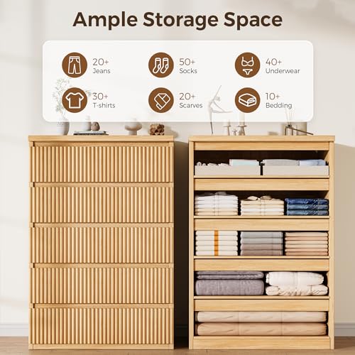 Fluted 5 Drawer Dresser for Bedroom, 43" Tall Dresser for Bedroom, view 5