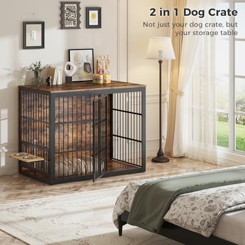 48'' XXL Dog Crate Furniture with Rotating Feeder, Rustic Brown, view 6