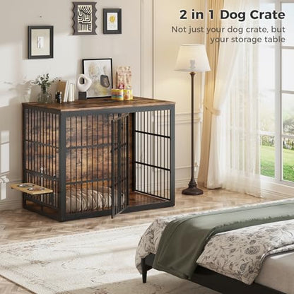 48'' XXL Dog Crate Furniture with Rotating Feeder, Rustic Brown, view 6