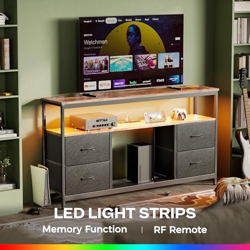 TV Stand Dresser with Power Outlets and LED Lights, 4 Drawers Entertainment Center with Shelves, 54 Inch Media Console for 55 60 Inch TV, PU Finish, Rustic Brown and Black