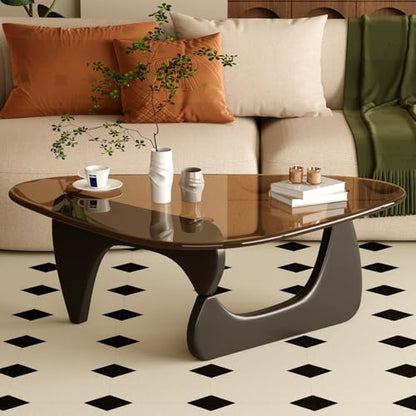 Coffee Table for Living Room Mid Century Modern Center Table with Glass Top and Wood, 32 Inch, Brown/Black