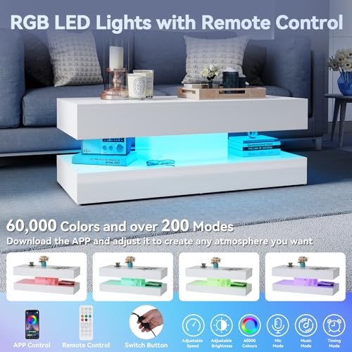 47" High Gloss LED Coffee Table with Storage, 2-Tier Modern Center Table with 2 Sliding Drawers & Open Display Shelf, Wood Rectangle Large Coffee Tables for Living Room, White