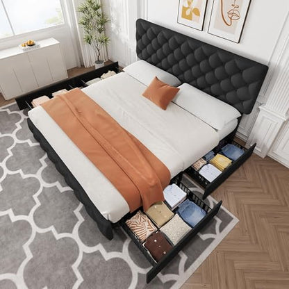 King Size Bed Frame with 4 Storage Drawers and Adjustable Headboard, view 4
