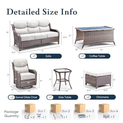 Luxury 6" Thick Cushioned 7 Pieces Patio Furniture Set with Outdoor Couch, Wicker Outdoor Conversation Set with High Back Swivel Rocker Chairs for Deck Porch Yard and Poolside - Brown+Beige