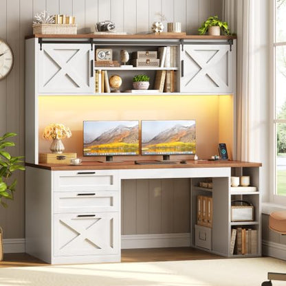 55.1" Farmhouse Desk with Hutch & 3 Storage Drawers, view 2