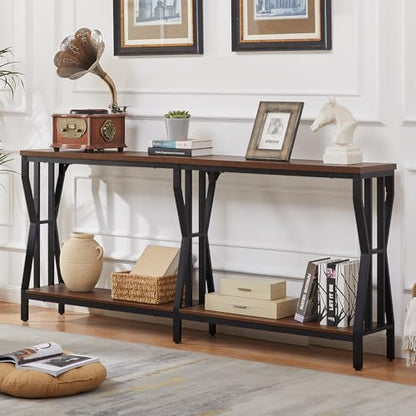 Sofa Console Table, 70.9" Extra Long Sofa Table with 2-Tier Storage, Industrial Narrow Console Tables Behind Couch, Hallway Table for Entryway, Living Room, Rustic Brown