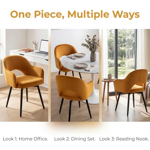 Swivel Dining Chair Set of 4, Velvet Upholstered Side Chair Modern Accent Guest Chair Home Office Desk Chair with No Wheels for Dining Room Living Room Office, Yellow