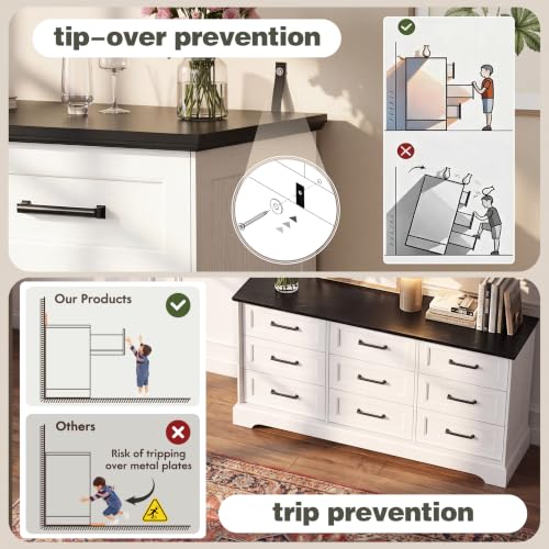White Dresser for Bedroom, 57" 9 Drawers Dresser, view 6