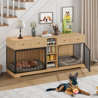 82" Large Dog Crate Furniture with Storage for 2 Dogs, Natural, view 2