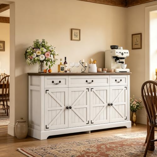 Sideboard Buffet Cabinet with 3 Drawers and 4 Doors,65",White, view 7