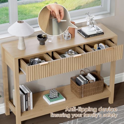 Fluted Console Table, Wooden Sofa Table with Storage and Drawers, Farmhouse Behind Couch Table Entryway Table for Entrance, Hallway, Living Room, Oak