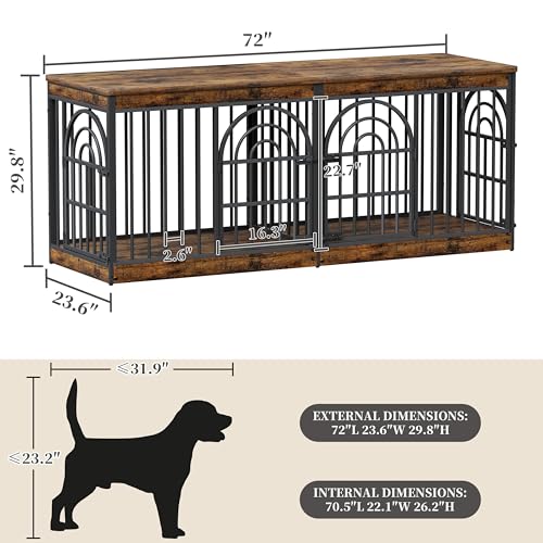 72" Wooden Double Dog Crate Furniture for 1-2 Dogs, view 3