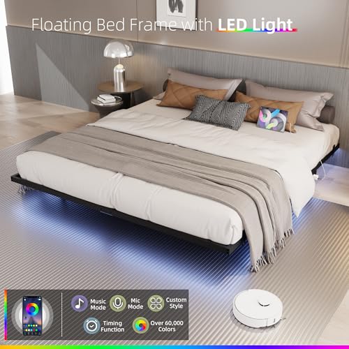 Floating Bed Frame California King Size with Charging Station and LED Lights, view 4