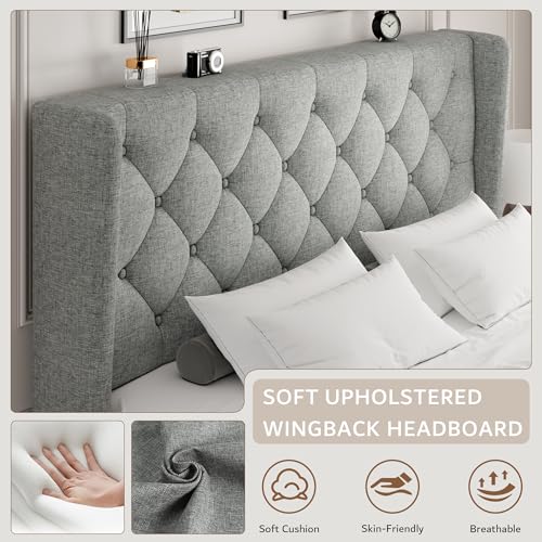 Queen Size Platform Bed Frame with Button Tufted Headboard, view 4