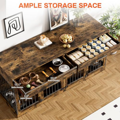 72" Double Dog Crate Furniture with Drawers and Divider, Brown, view 5
