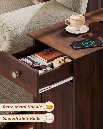 End Table with Charging Station, Narrow Side Table with Drawer & Cabinet, Side Table with Adjustable Shelf for Living Room/Bedroom, Wooden Nightstand with Hidden USB Ports and Outlets, Espresso